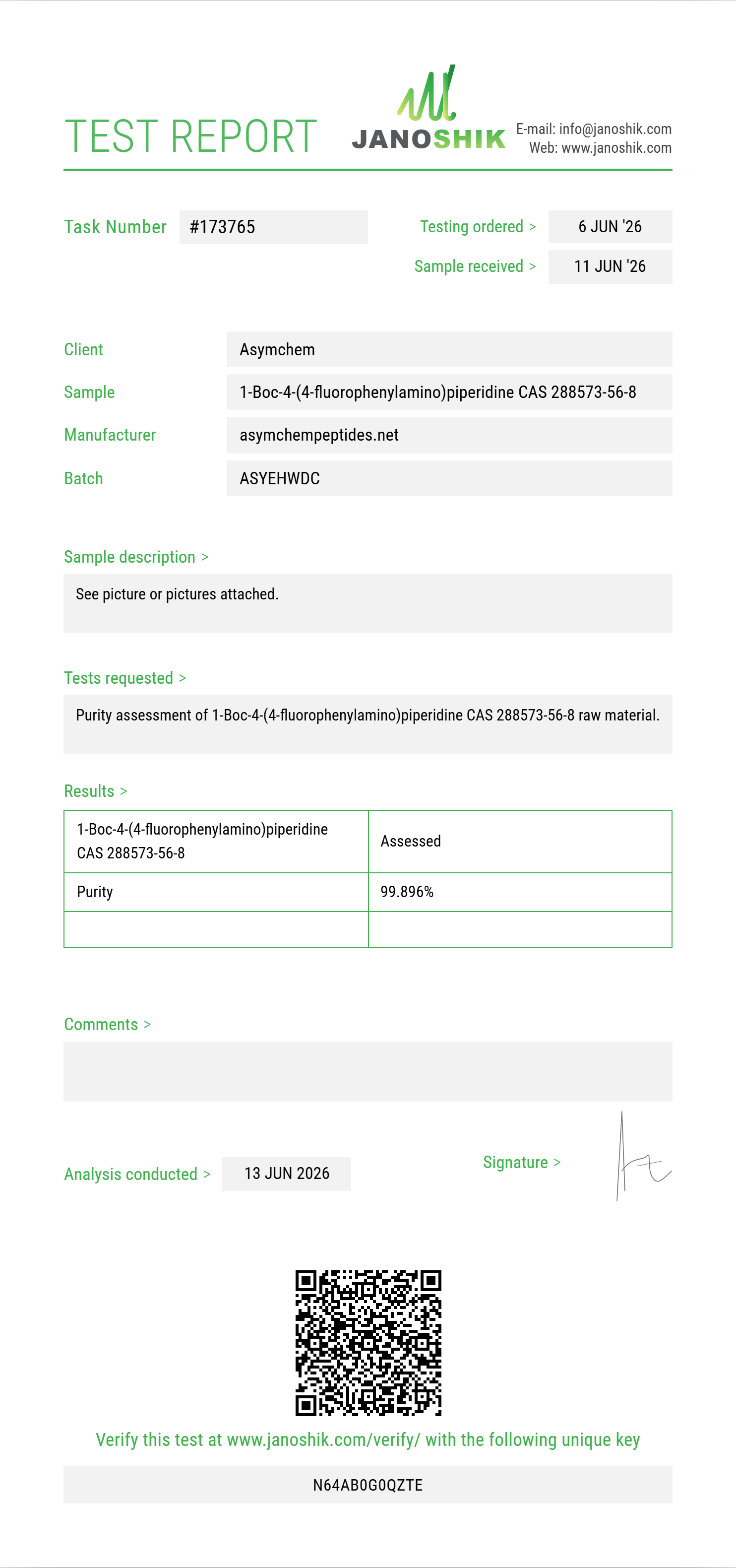 1-Boc-4-(4-fluorophenylamino)piperidine CAS 288573-56-8 Purity (HPLC) report by Janoshik Analytical