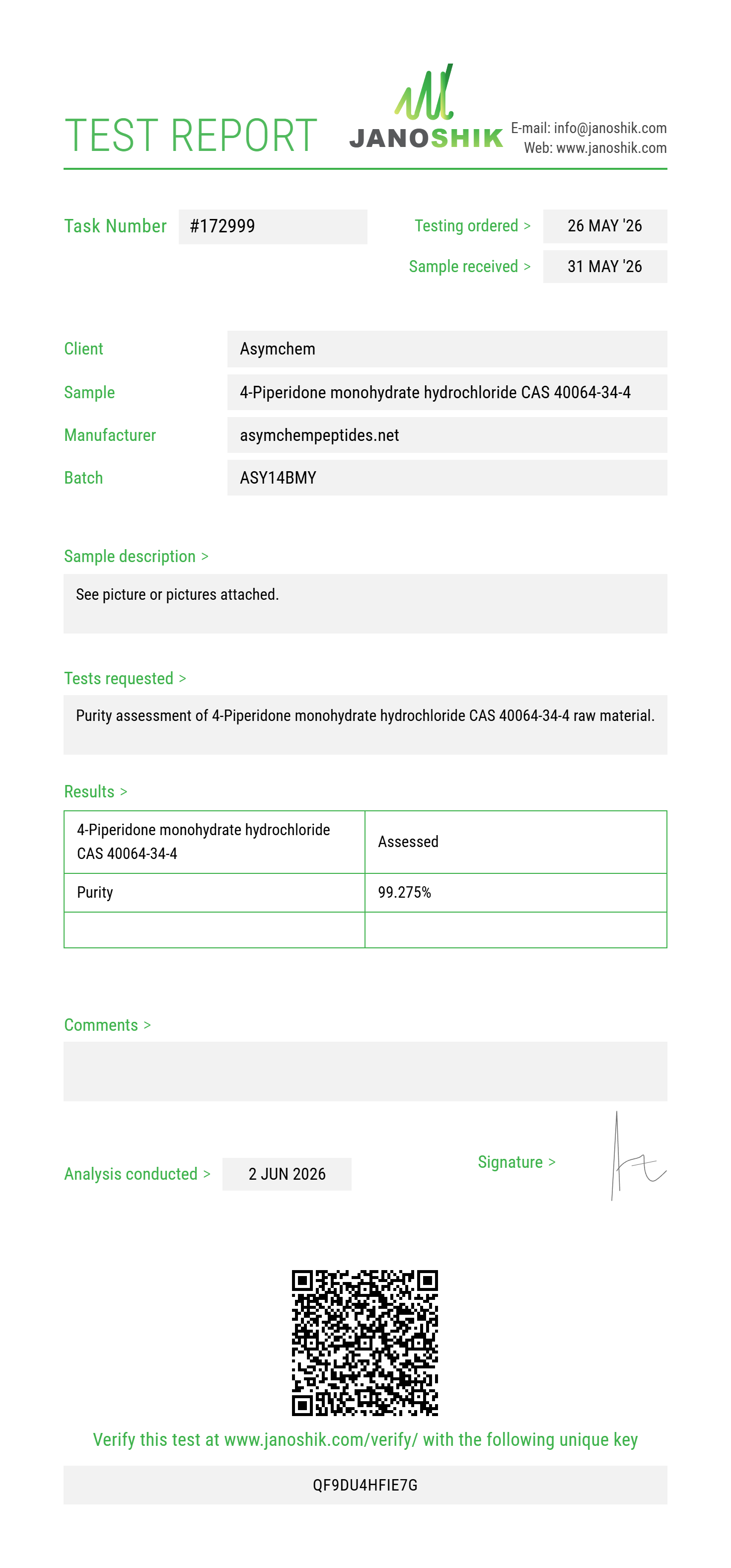 4-Piperidone monohydrate hydrochloride CAS 40064-34-4 Purity (HPLC) report by Janoshik Analytical