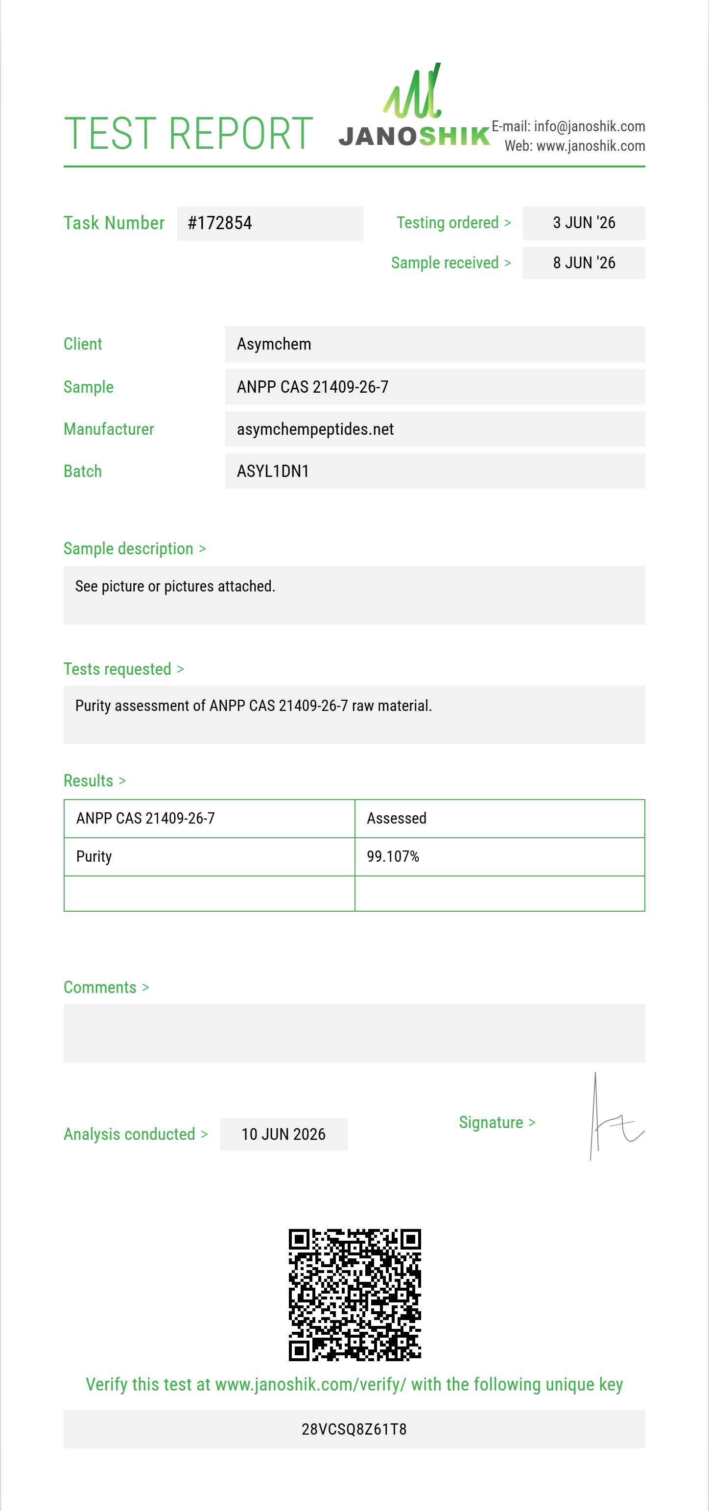 ANPP (4-anilino-N-phenethylpiperidine) CAS 21409-26-7 Purity (HPLC) report by Janoshik Analytical