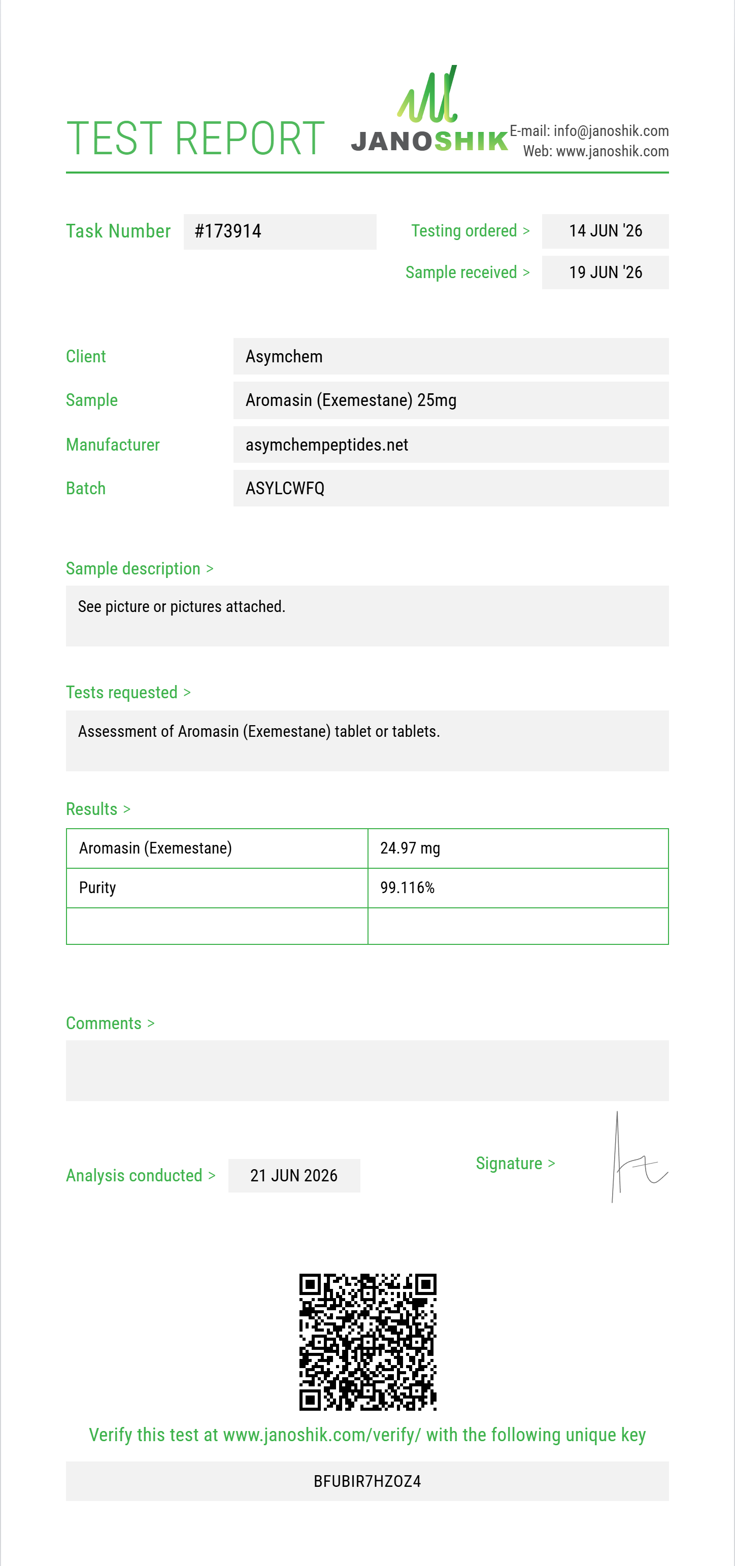 Aromasin (Exemestane) Purity (HPLC) report by Janoshik Analytical