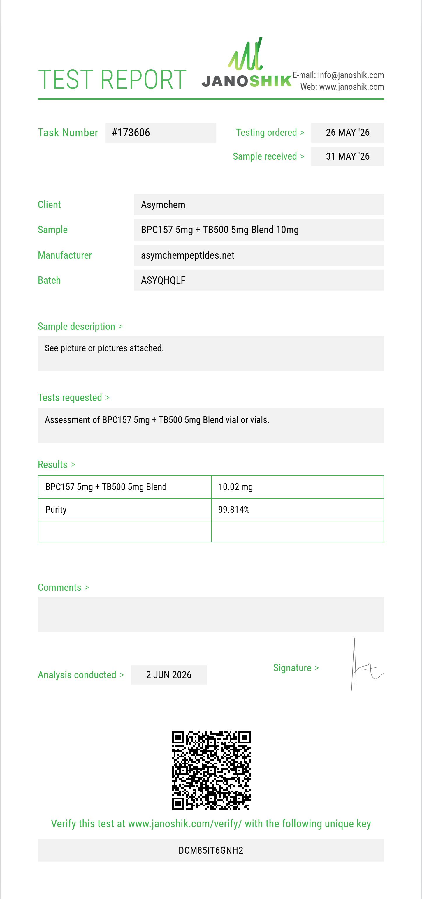 BPC157 5mg + TB500 5mg Blend Purity (HPLC) report by Janoshik Analytical
