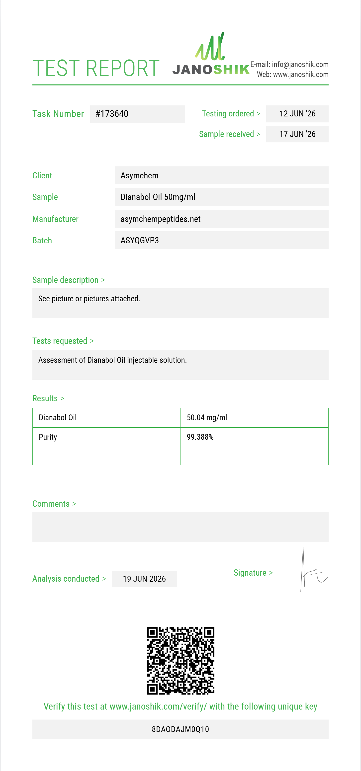 Dianabol Oil Purity (HPLC) report by Janoshik Analytical