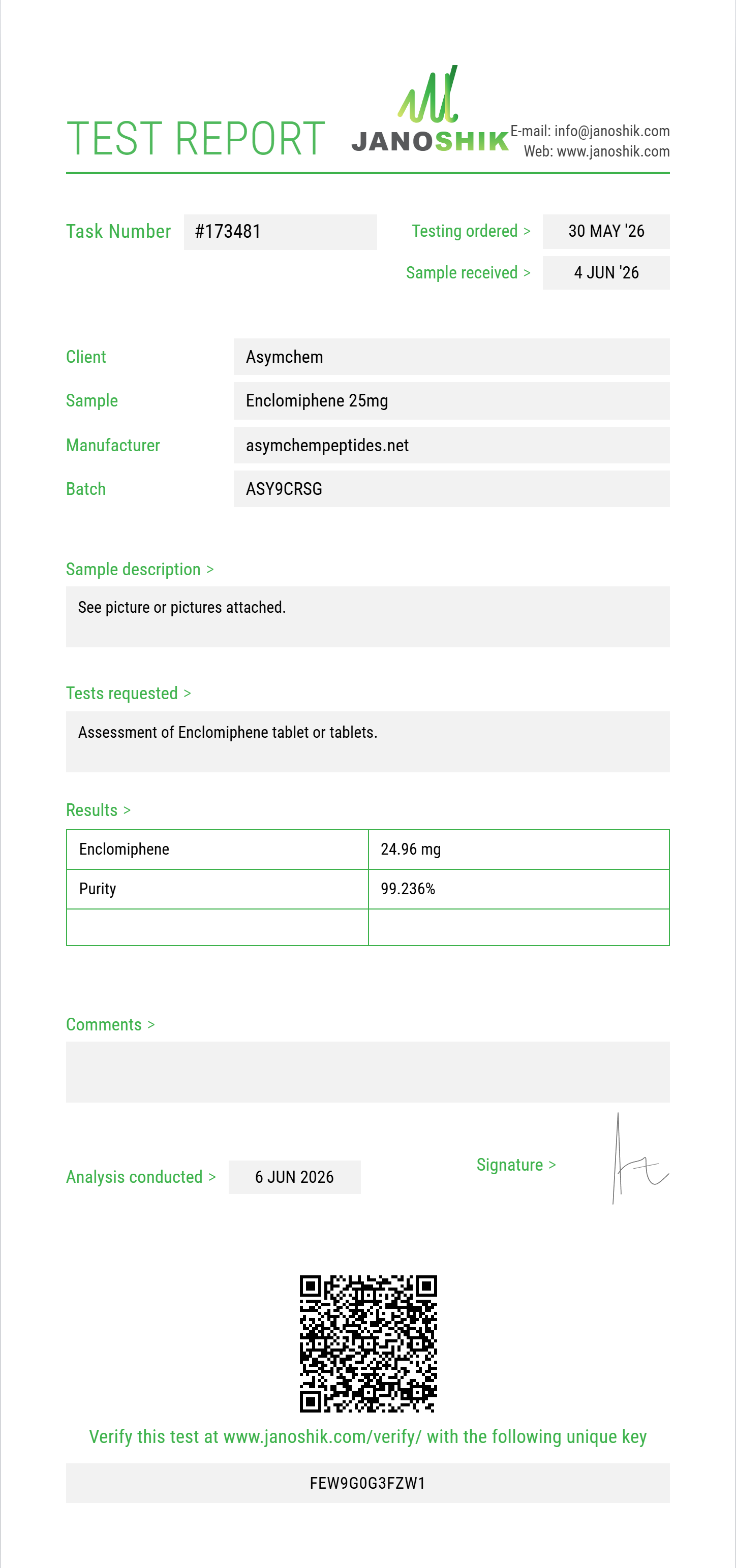 Enclomiphene Purity (HPLC) report by Janoshik Analytical