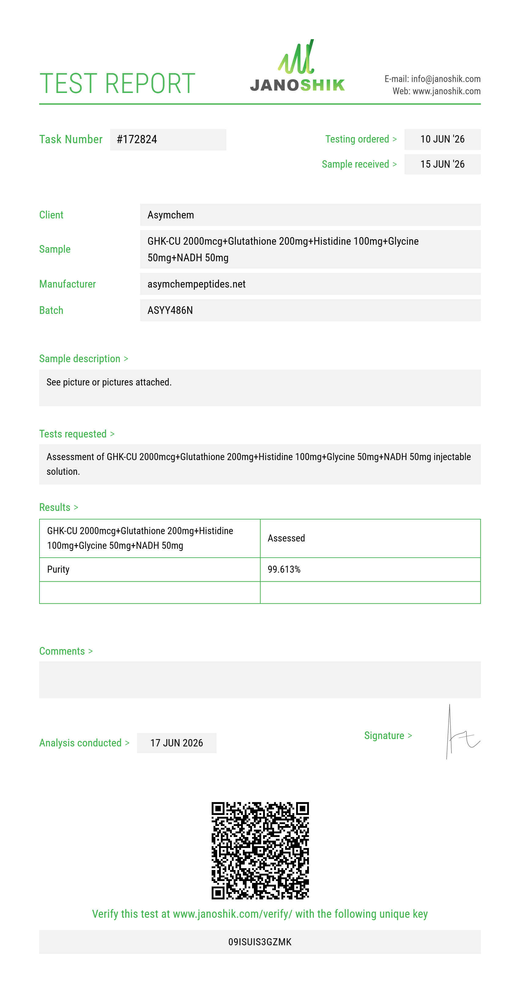 GHK-CU 2000mcg+Glutathione 200mg+Histidine 100mg+Glycine 50mg+NADH 50mg Purity (HPLC) report by Janoshik Analytical