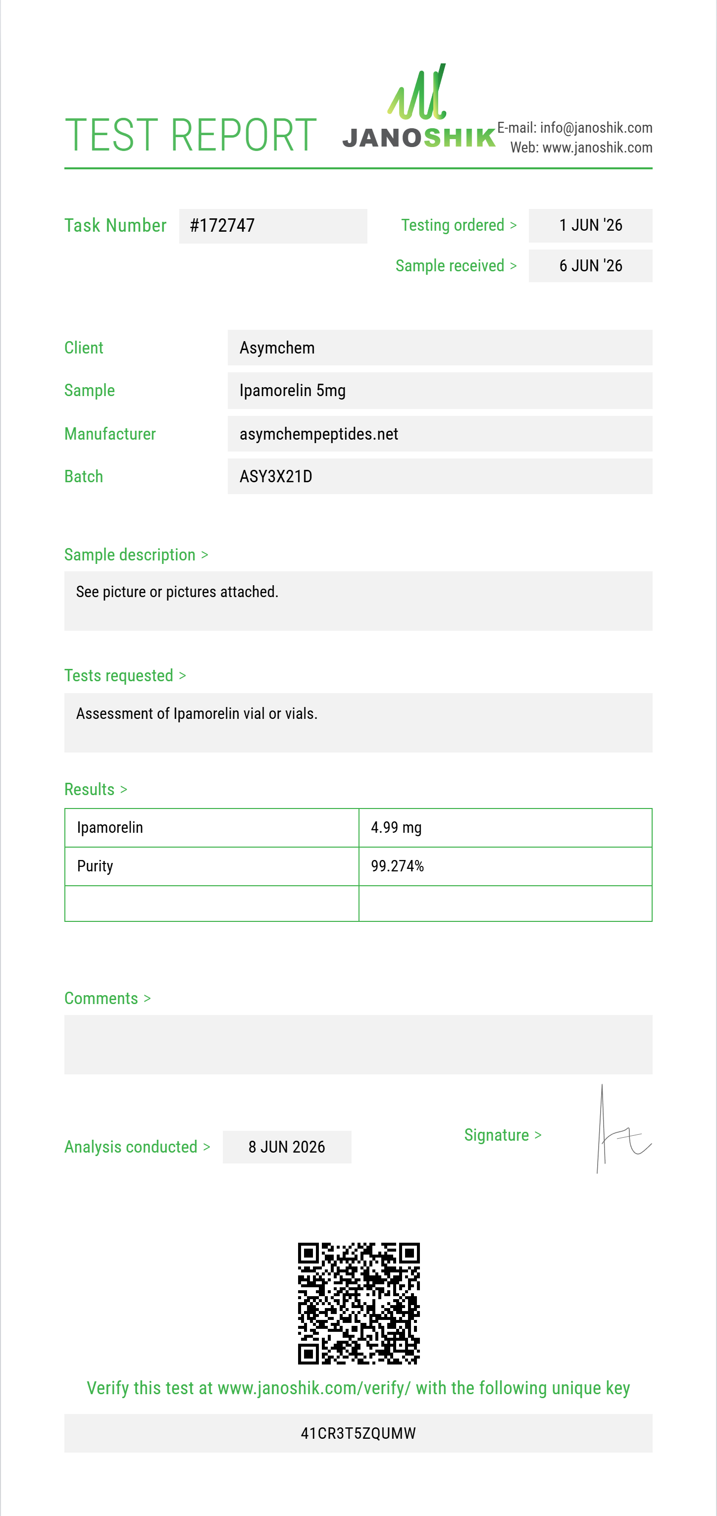 Ipamorelin Purity (HPLC) report by Janoshik Analytical