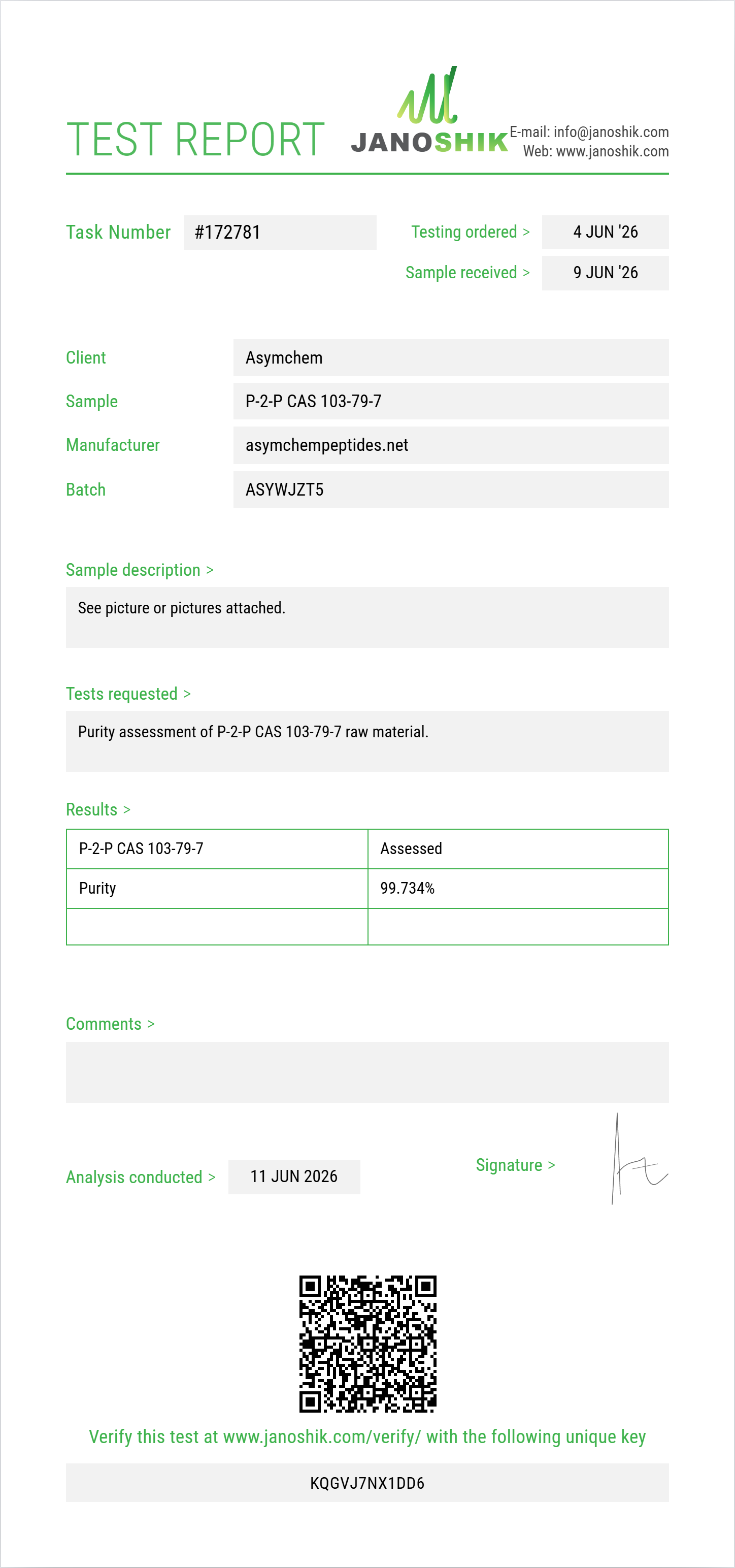 P-2-P (phenyl-2-propanone / BMK) CAS 103-79-7 Purity (HPLC) report by Janoshik Analytical