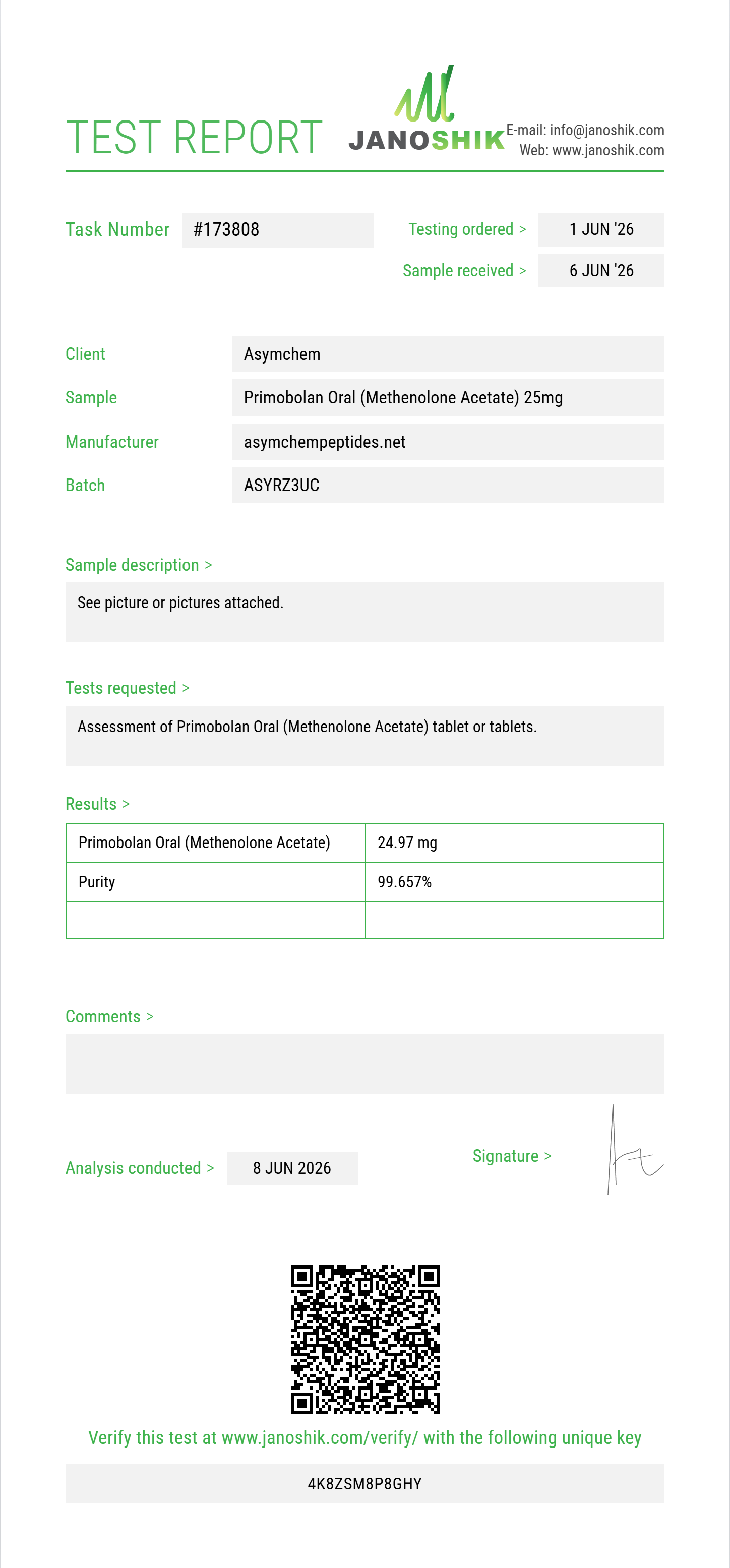 Primobolan Oral (Methenolone Acetate) Purity (HPLC) report by Janoshik Analytical