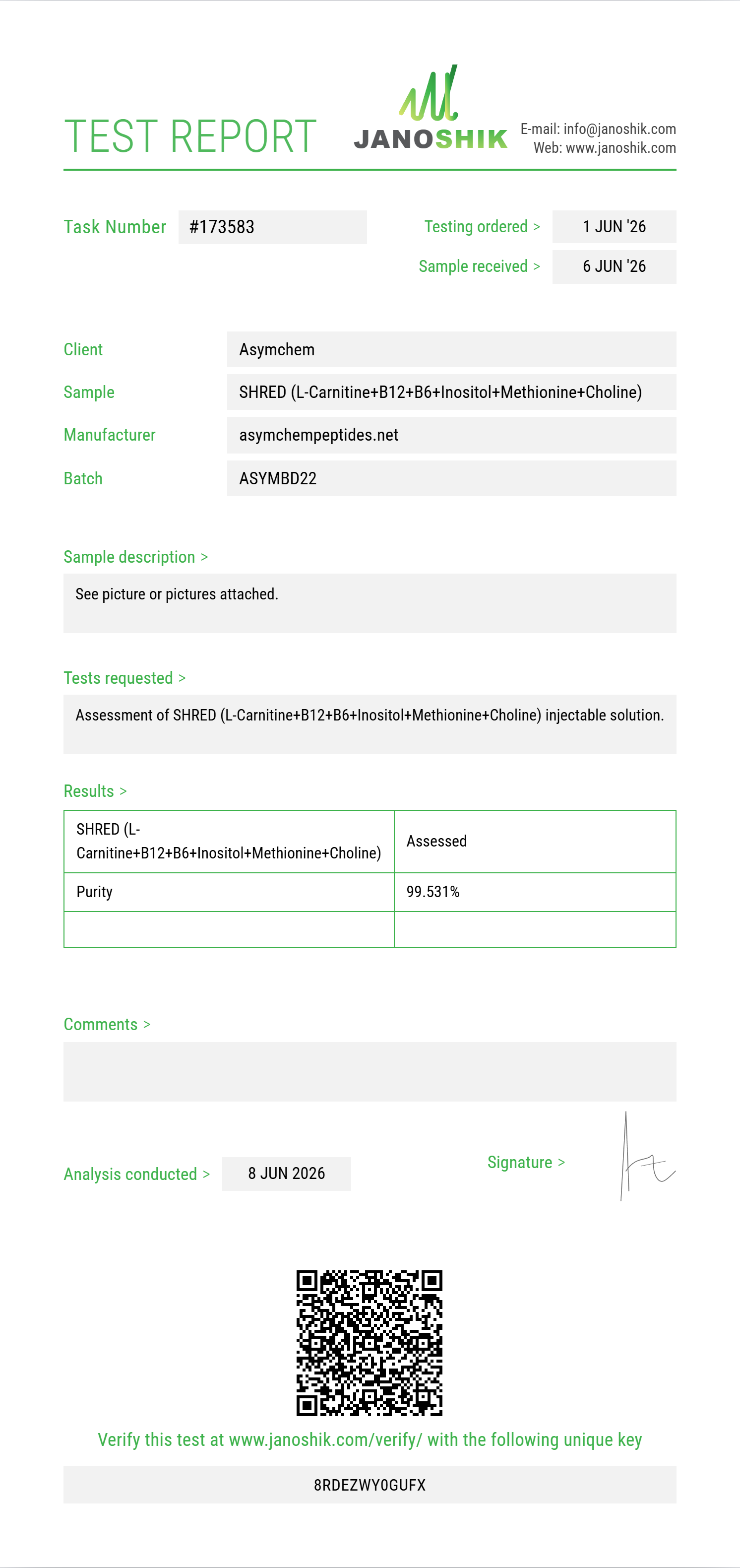 SHRED (L-Carnitine 200mg+B12+B6+Inositol+Methionine+Choline) Purity (HPLC) report by Janoshik Analytical