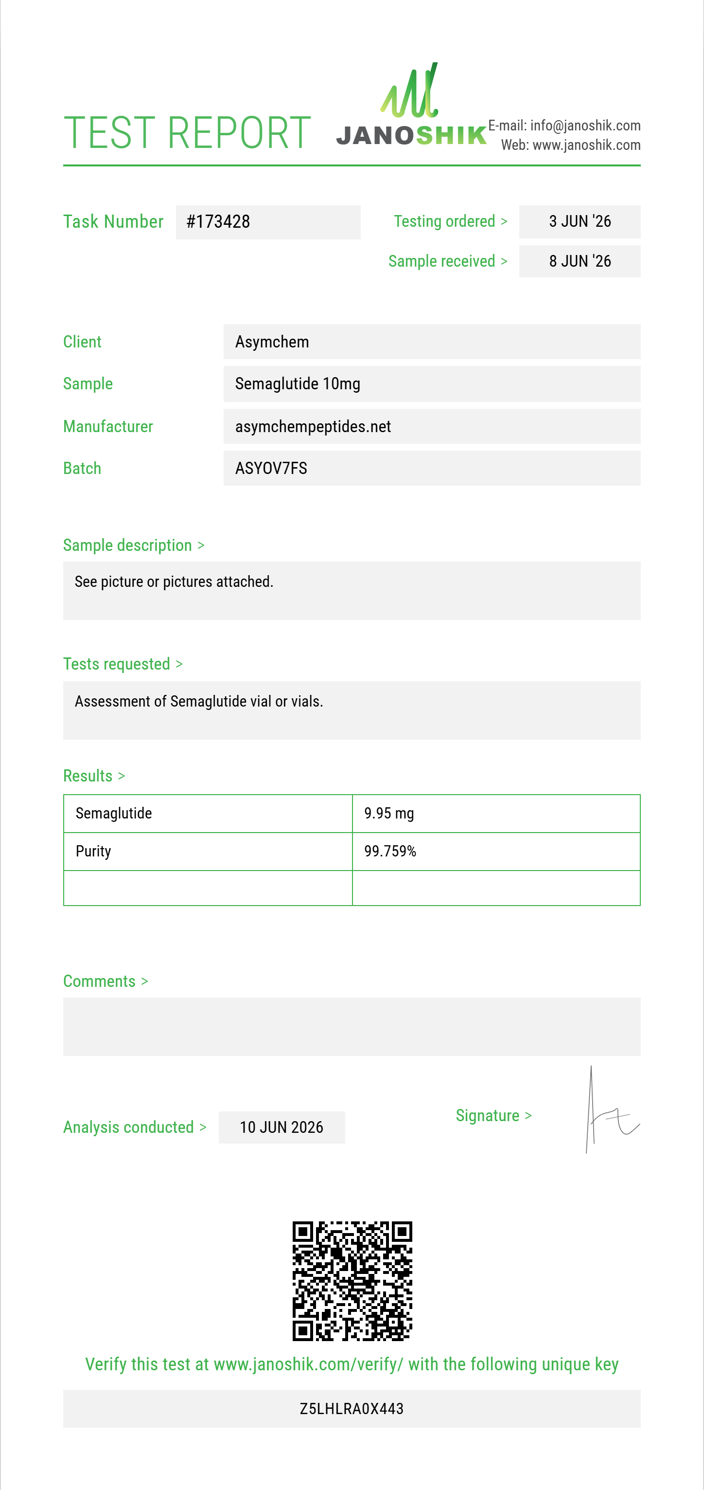 Semaglutide Purity (HPLC) report by Janoshik Analytical