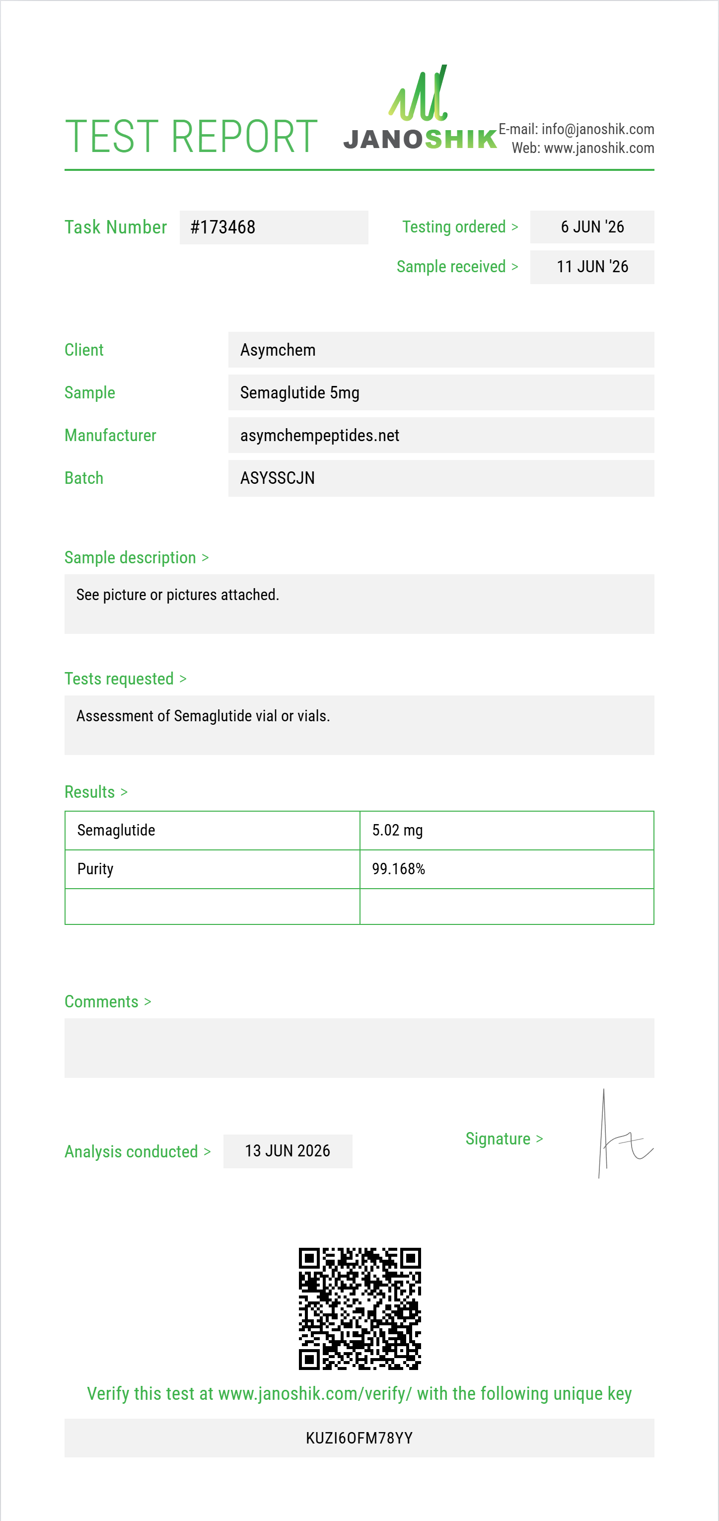 Semaglutide Purity (HPLC) report by Janoshik Analytical
