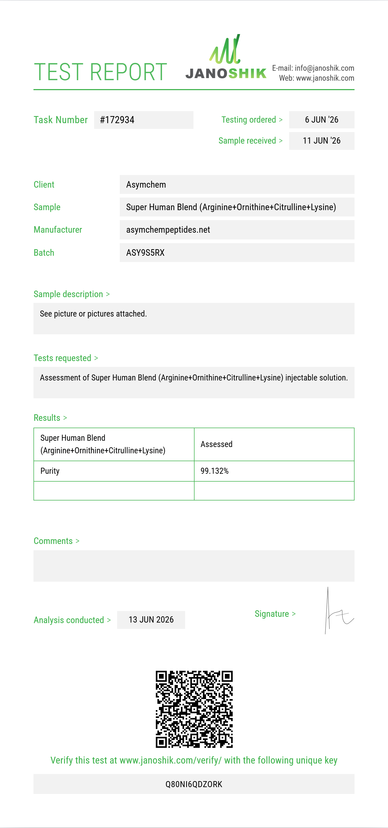 Super Human Blend (Arginine+Ornithine+Citrulline+Lysine+Glutamine+Proline+Taurine+Carnitine+NAC) Purity (HPLC) report by Janoshik Analytical