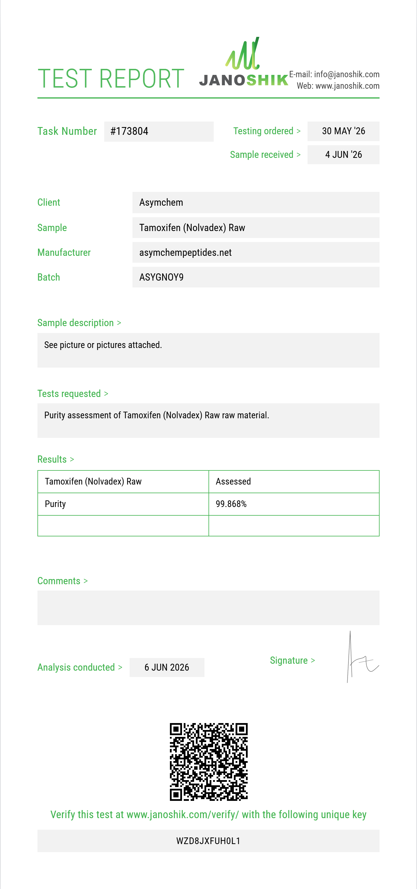 Tamoxifen (Nolvadex) Raw Purity (HPLC) report by Janoshik Analytical