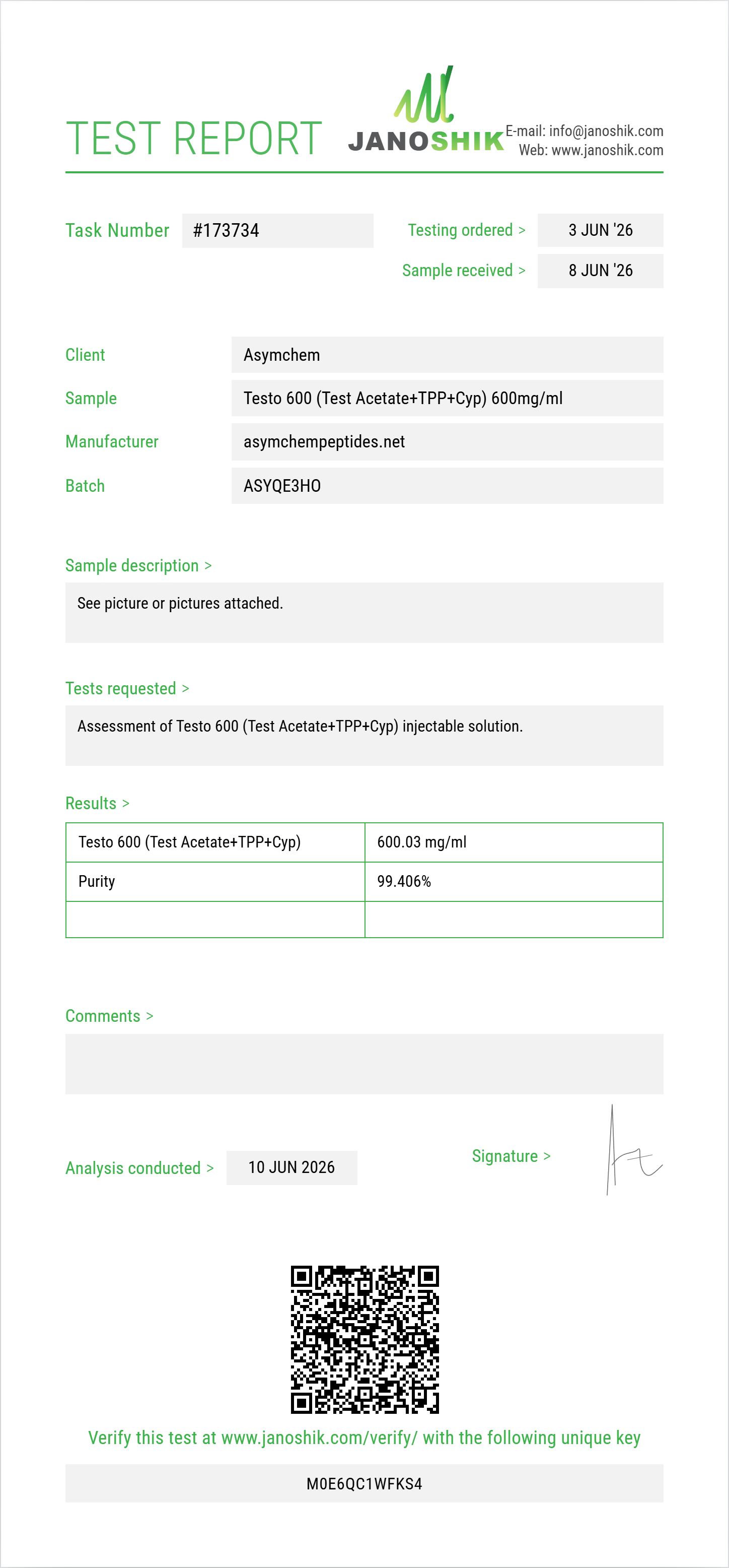 Testo 600 (Test Acetate 180mg+TPP 220mg+Cyp 200mg) Purity (HPLC) report by Janoshik Analytical