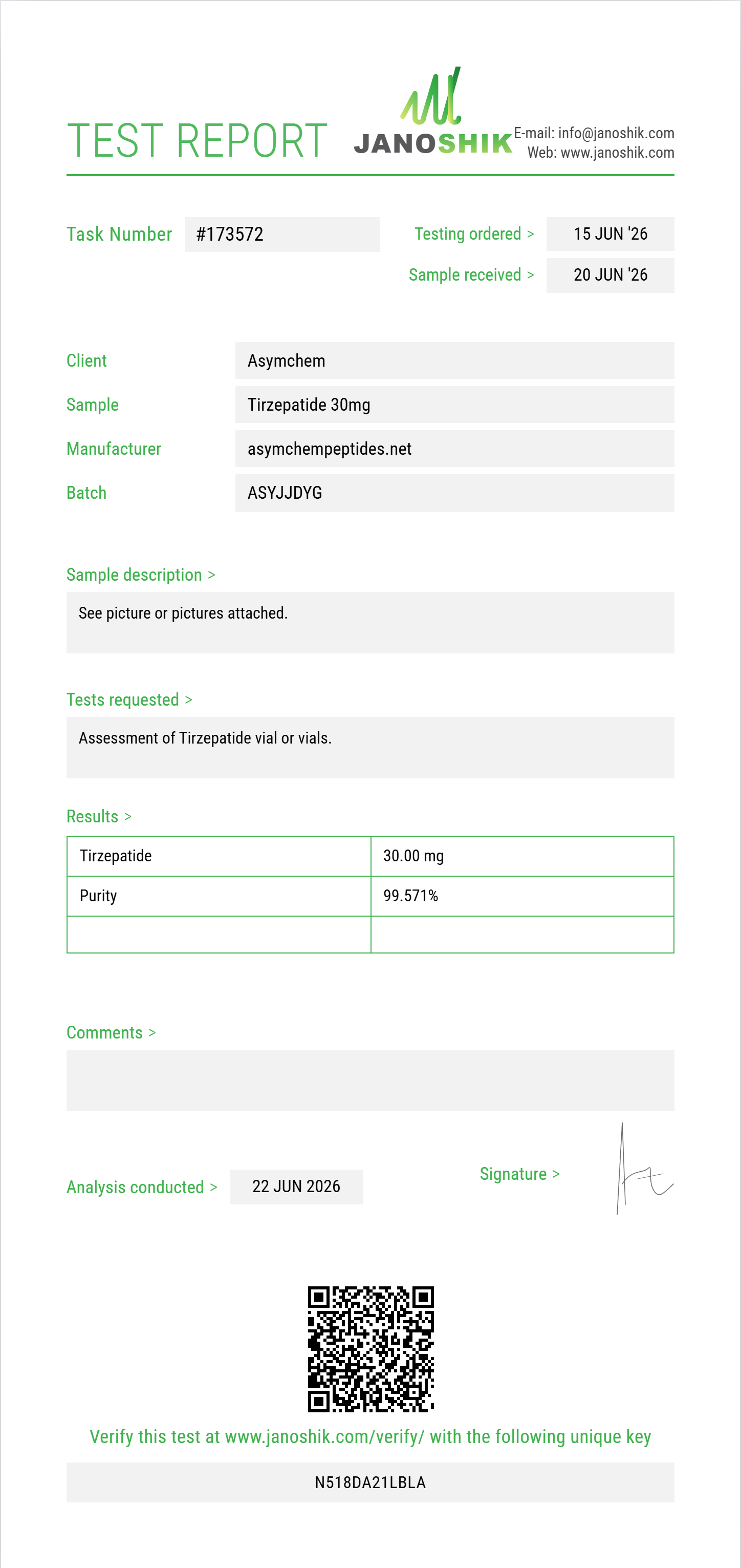 Tirzepatide Purity (HPLC) report by Janoshik Analytical