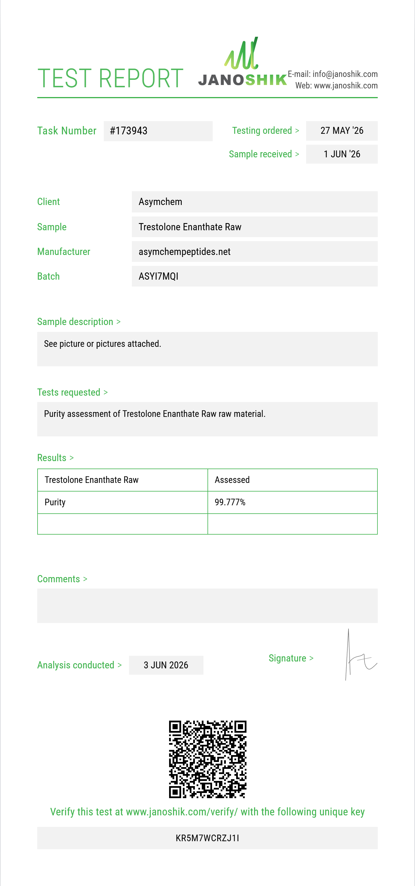Trestolone Enanthate Raw Purity (HPLC) report by Janoshik Analytical
