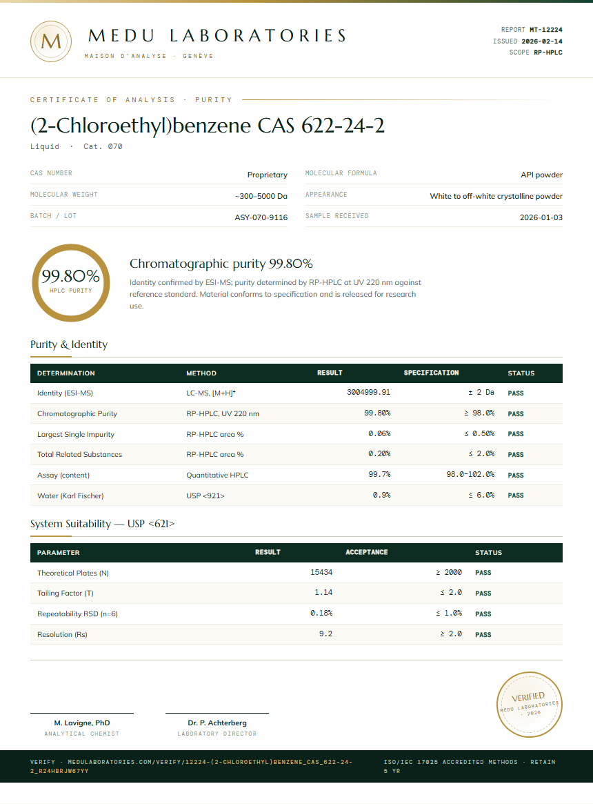 (2-Chloroethyl)benzene CAS 622-24-2 Purity Test Report by Medu Laboratories