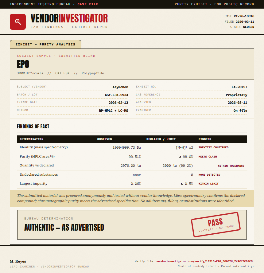 EPO Purity (HPLC) report by VendorInvestigator