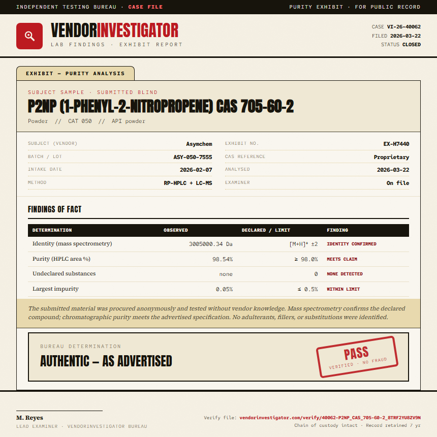 P2NP (1-phenyl-2-nitropropene) CAS 705-60-2 Purity (HPLC) report by VendorInvestigator