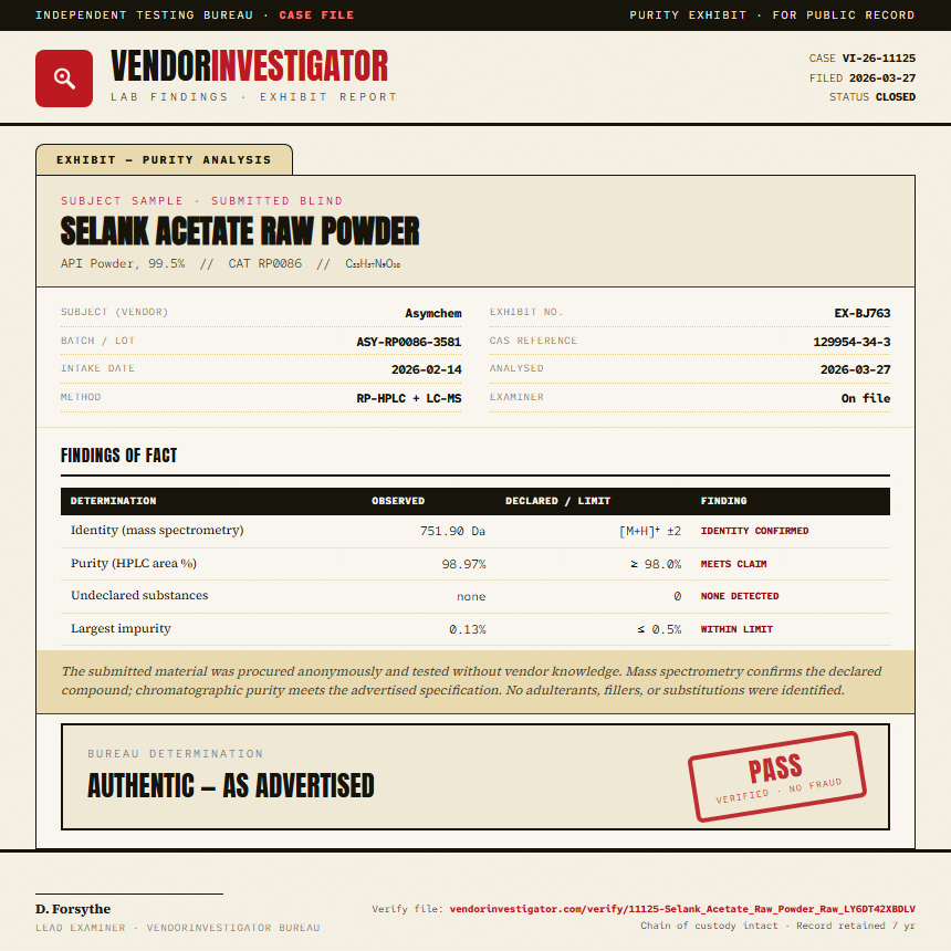Selank Acetate Raw Powder Purity (HPLC) report by VendorInvestigator