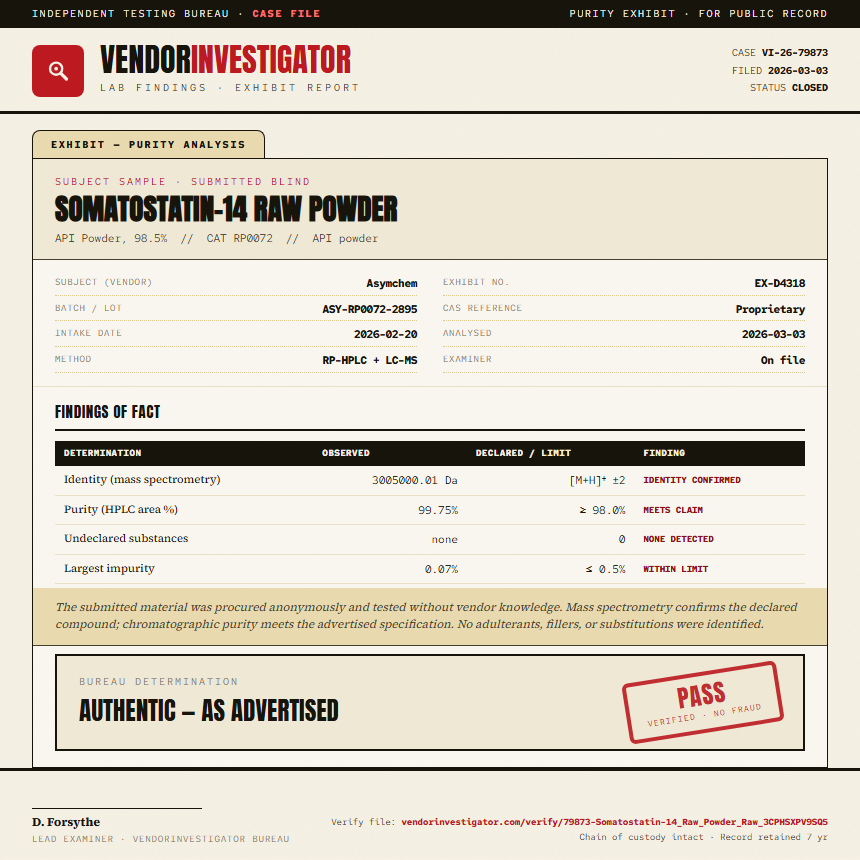 Somatostatin-14 Raw Powder Purity (HPLC) report by VendorInvestigator
