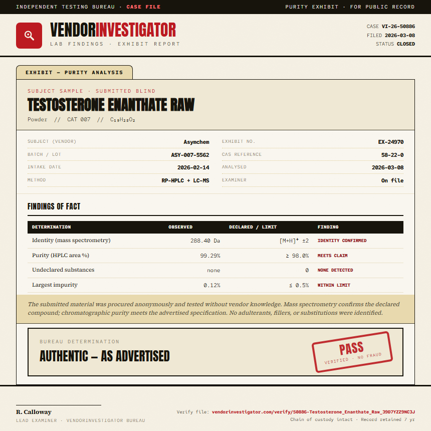 Testosterone Enanthate Raw Purity (HPLC) report by VendorInvestigator