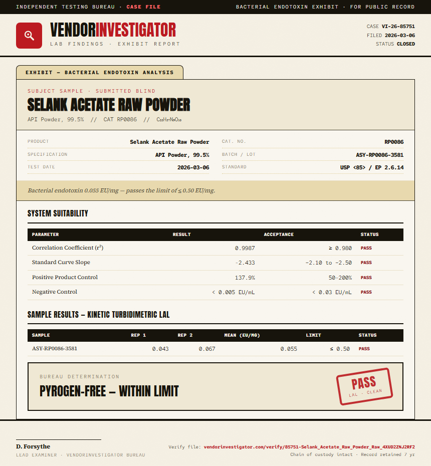 Selank Acetate Raw Powder Endotoxin report by VendorInvestigator