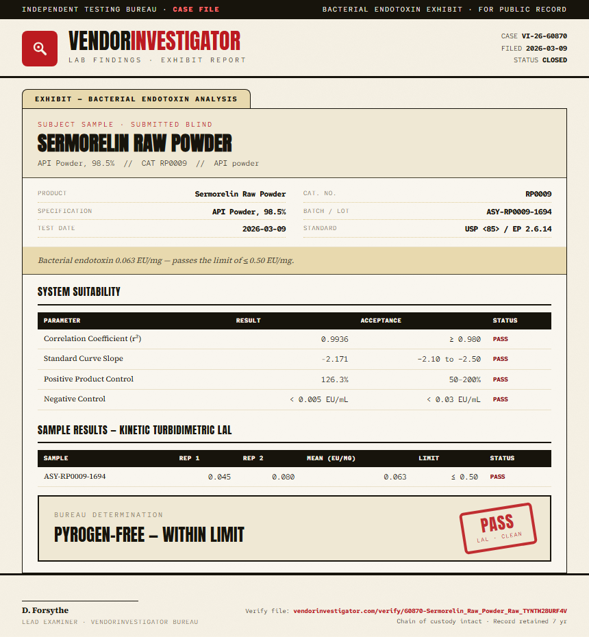 Sermorelin Raw Powder Endotoxin report by VendorInvestigator