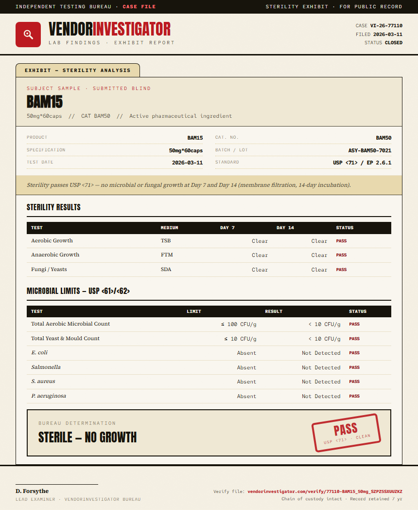 BAM15 Sterility report by VendorInvestigator